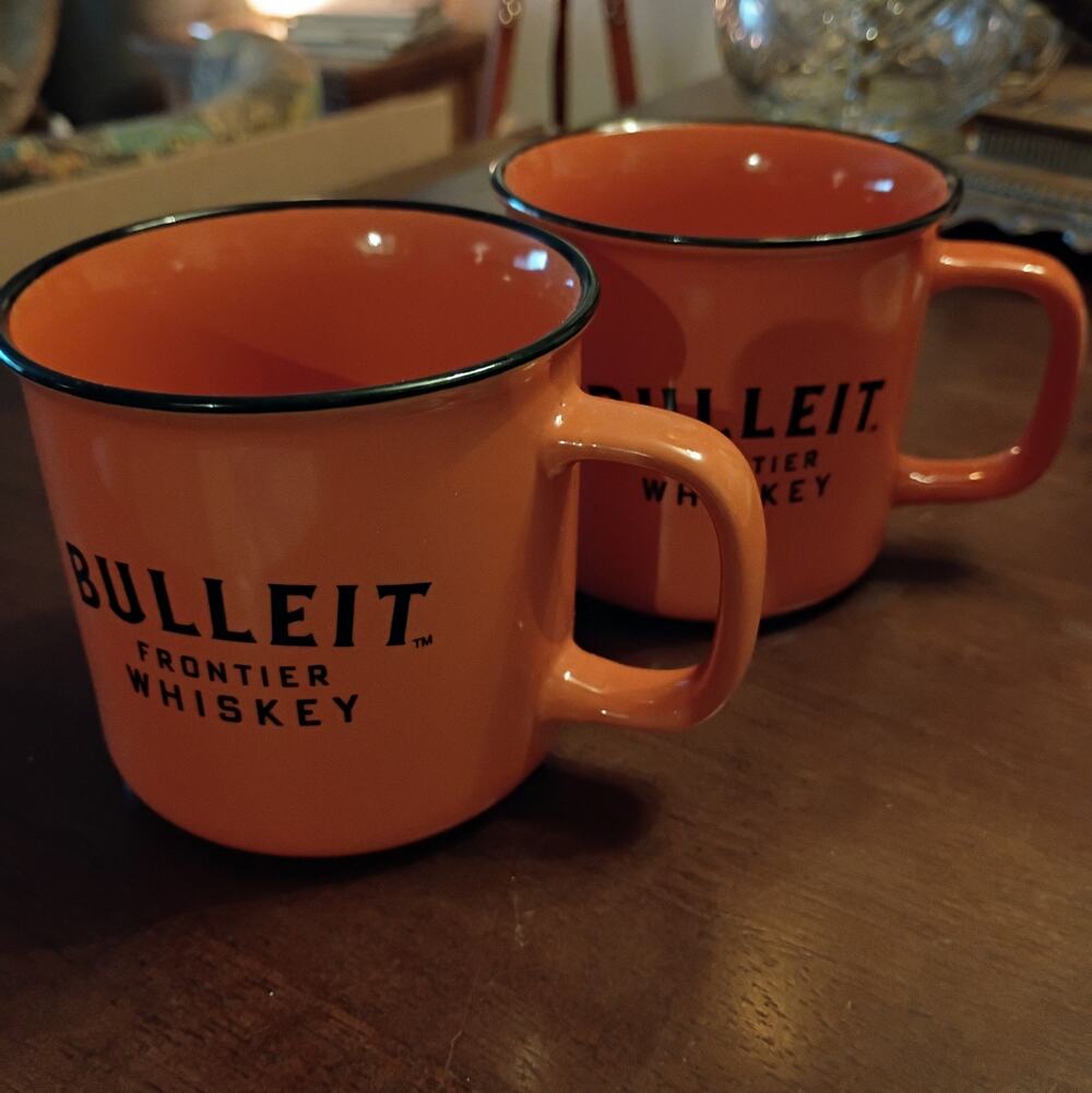 Two Orange and Black Bulleit Whiskey Mugs